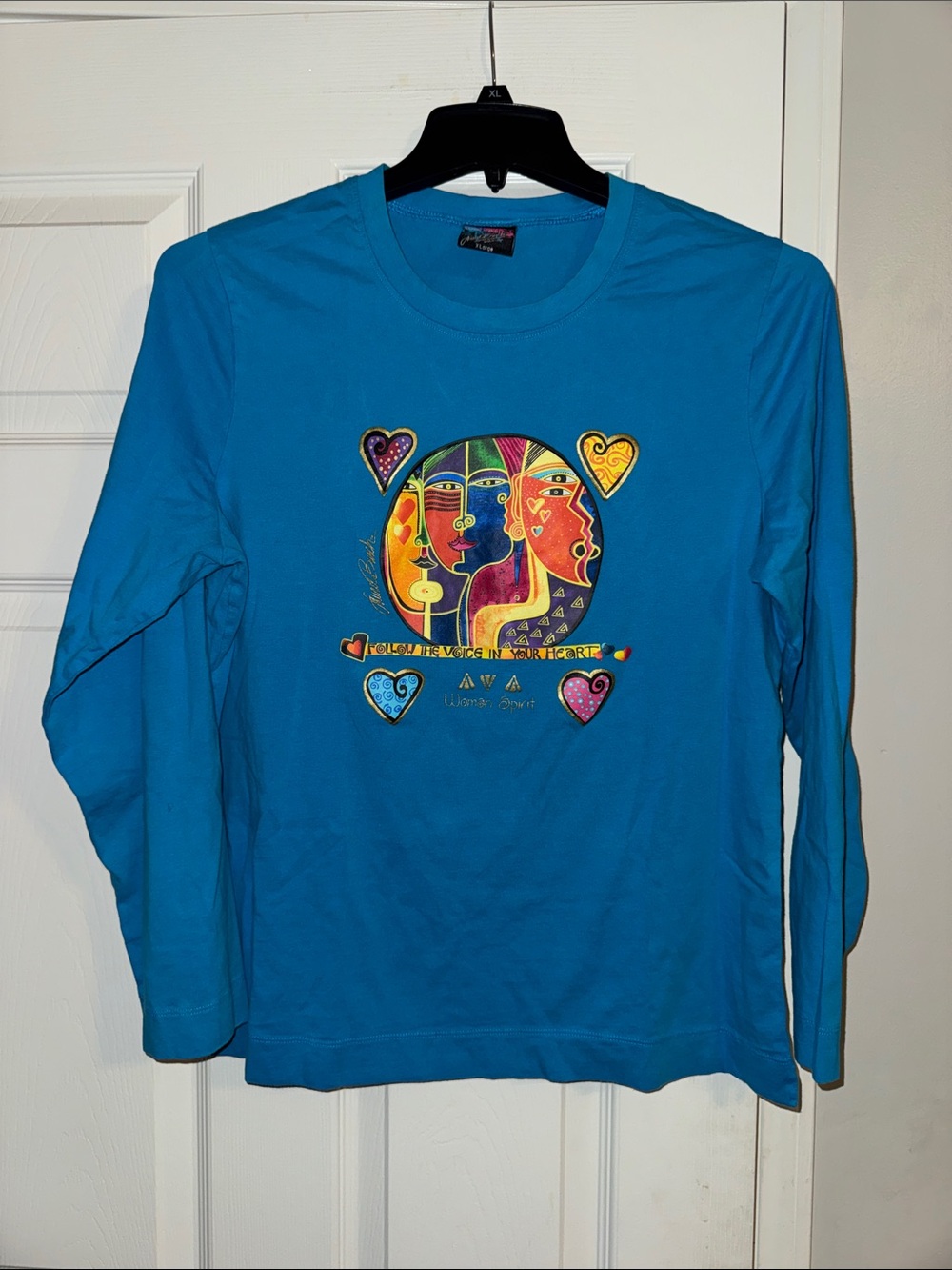 Vintage Laurel Burch Bright Turquoise LongSleeve Tee with Colorful Heart Graphic